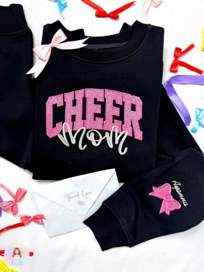 Cheerleading Glitter Bow Cheer Mom Embroidered Sweatshirt
